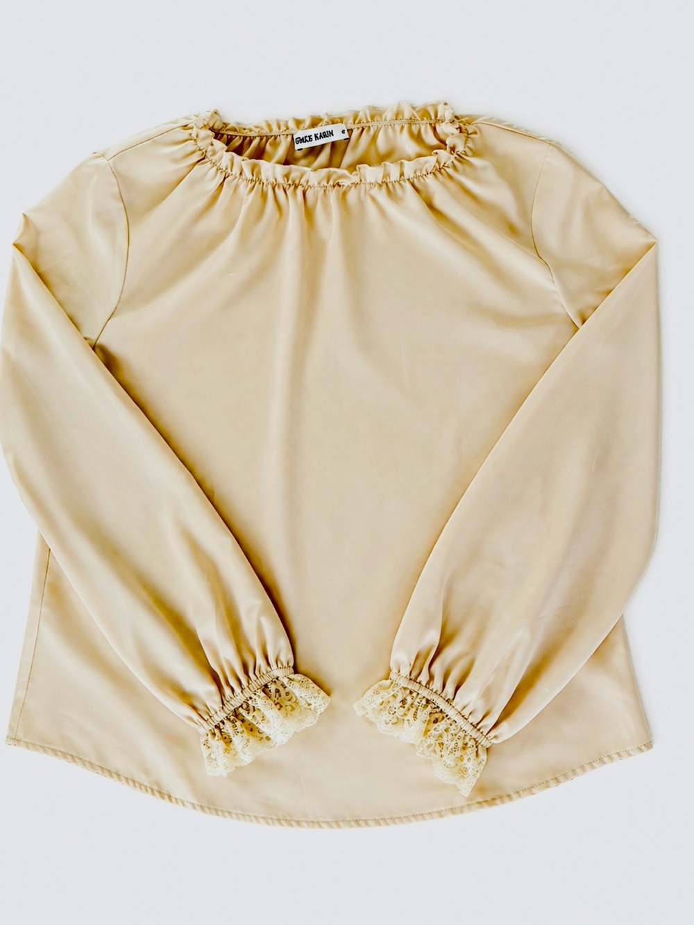 Grace Karin Blouse beige long sleeves round ruffle neck lace cuffs size M - Picture 6 of 8